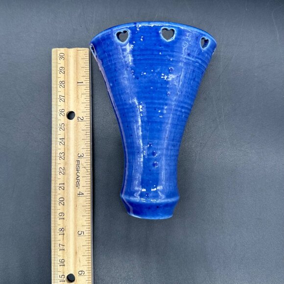 Art Pottery Wall Pocket Vase Blue Heart Cutouts Signed Handcrafted Hanging - Picture 8 of 11